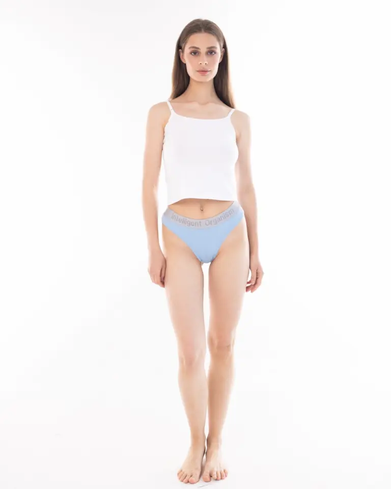 Жіночі блакитні стрінги з бавовни Intelligent Organism на моделі, вигляд спереду