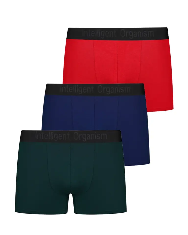 Набір чоловічих боксерів Basic Style від Intelligent Organism 3шт у кольорі темно-сині, темно-зелені, червоні. фронтальний вигляд